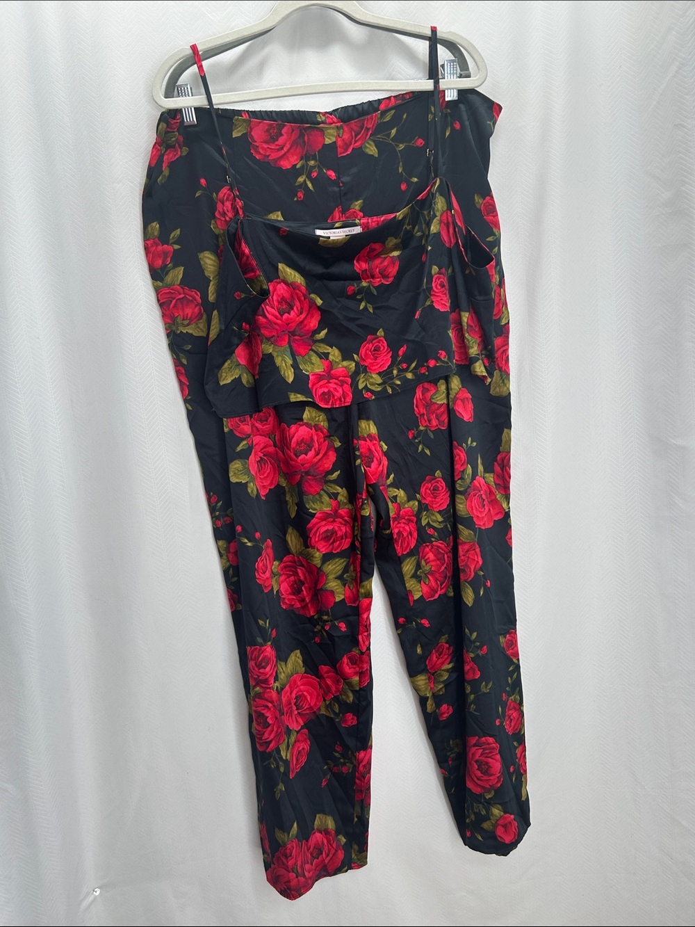 Victoria's Secret Black Floral Satin Pajama crop top and pants with Red Roses